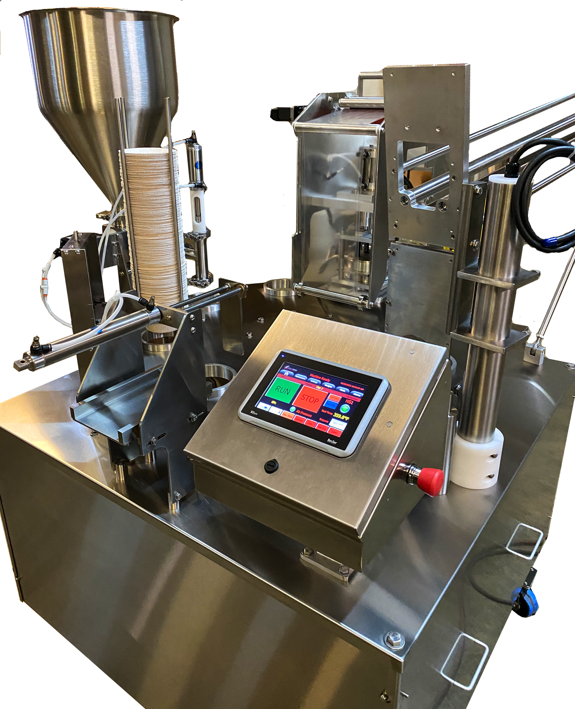 Photo of a cup filler packaging machine made by Rocket Machine Works in Fresno, CA.