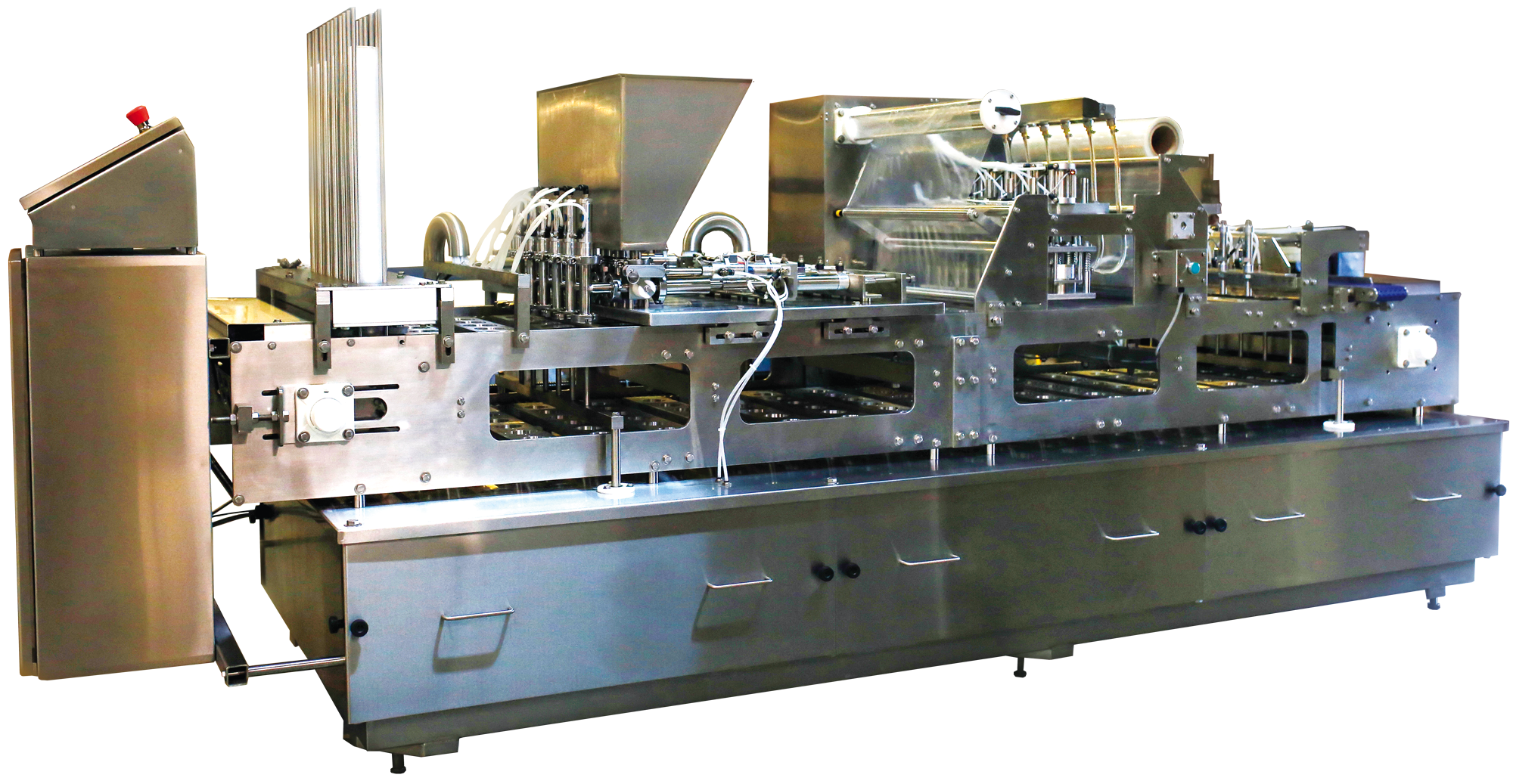 Photo of 6 lane in-line packaging machine made by Rocket Machine Works.